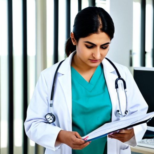 Home 4 **
A Pakistani female doctor in a clean, modern hospital examining room, fully clothed in her white coat and modest professional attire, stethoscope around her neck, reviewing a patient's chart. The setting is bright and sterile, with medical equipment visible in the background. Perfect anatomy, correct proportions, well-formed hands, natural pose. Safe for work, appropriate content, family-friendly, high quality.
**