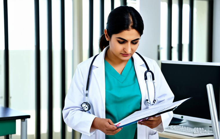 **
A Pakistani female doctor in a clean, modern hospital examining room, fully clothed in her white coat and modest professional attire, stethoscope around her neck, reviewing a patient's chart. The setting is bright and sterile, with medical equipment visible in the background. Perfect anatomy, correct proportions, well-formed hands, natural pose. Safe for work, appropriate content, family-friendly, high quality.
**